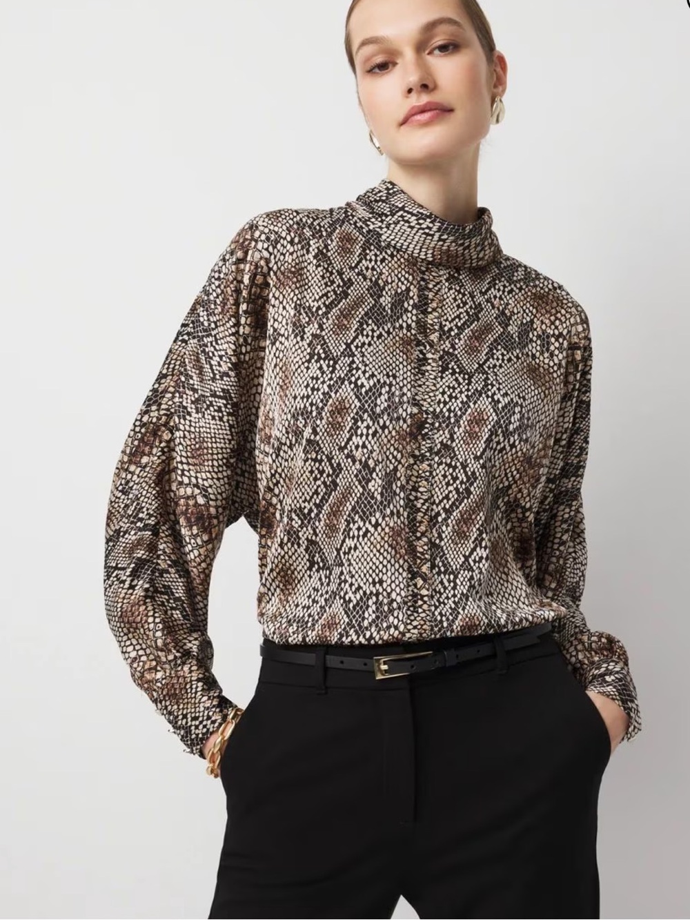 White House Black Market BlackTie Back Mock Neck Snake Skin Satin Blouse size LG